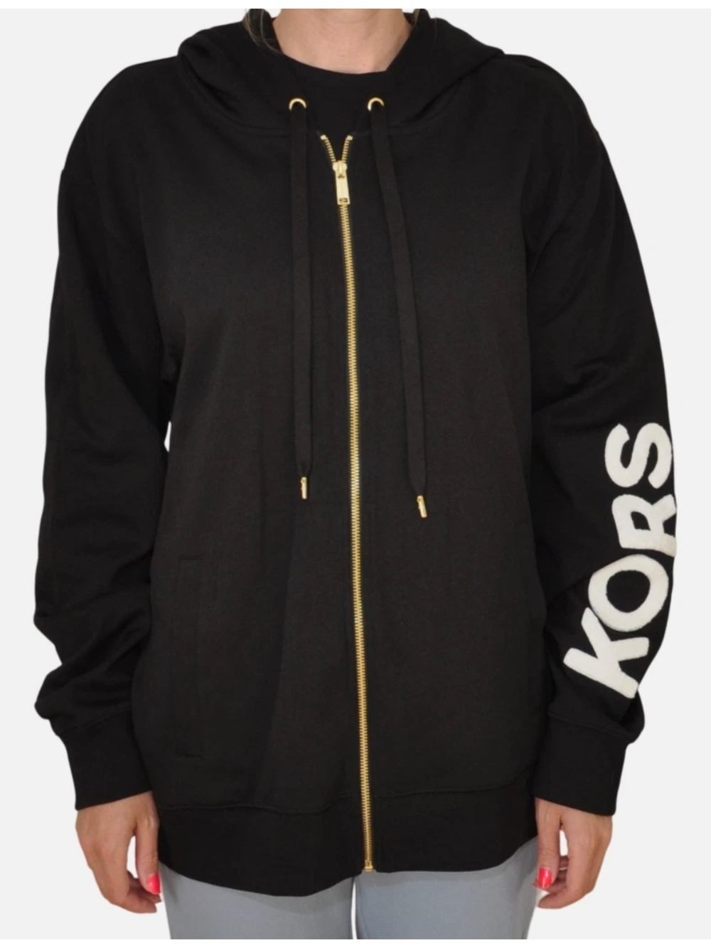 Michael Kors Cotton Blend Black Zip Hoodie with Sleeve Kors Logo Size Xs